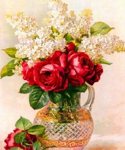 Damask Rose in Vase -  Flowers Paint By Number