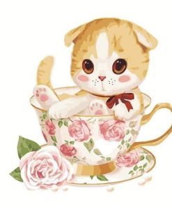 Cat with Cup of Roses - Animals Paint By Number