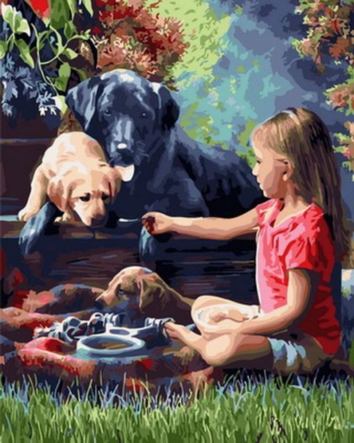 Girl Feeding Dogs paint by numbers