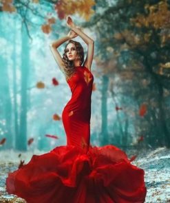 Red Color Woman in Forest - People Paint By Number