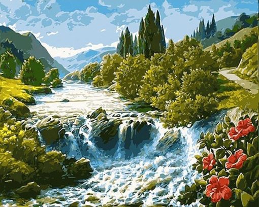 Mountain River Landscape  City - DIY Paint By Numbers - Numeral Paint