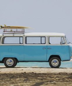 Blue And White Compact Van In The Beach Paint By Numbers