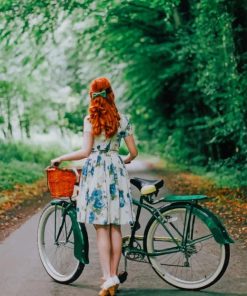 Redhead Girl Strolling With Her Bike Paint by numbers