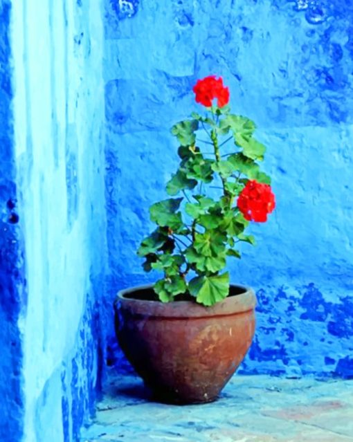 Blue wall and vase of flowers paint by numbers