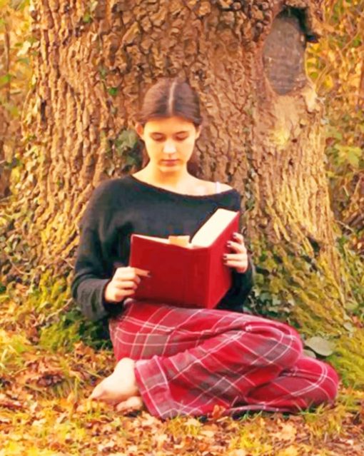 Girl Reading Book Under Tree paint by numbers