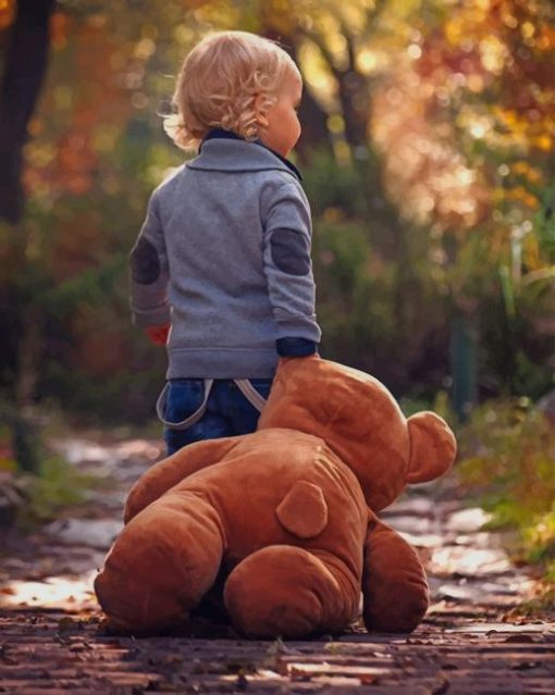 Baby Boy With His Brown teddy Bear Paint by numbers