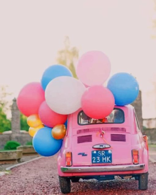 Pink Car With Colorful Balloons paint by numbers