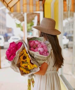 Woman Holding Bouquets Of Flowers Paint by numbers