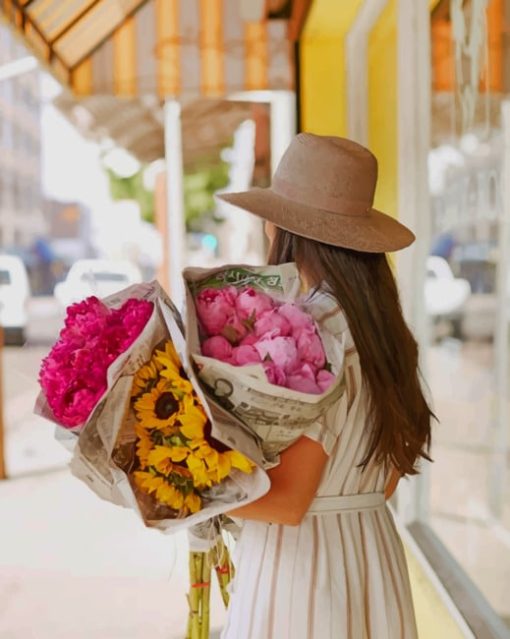 Woman Holding Bouquets Of Flowers Paint by numbers