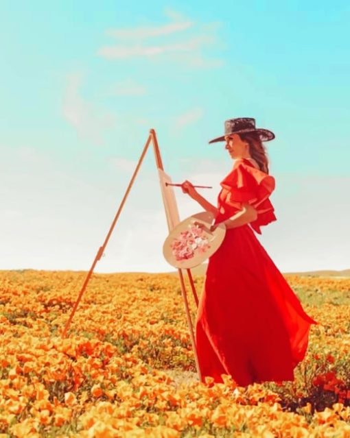 Woman Painting In A Filed Of Flowers paint by numbers