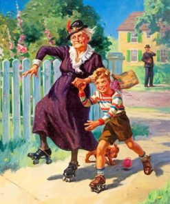 Grandma And Boy On Roller Skates paint by numbers