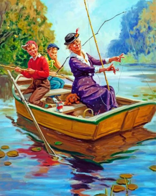 Grandma And Kids On Boat paint by number