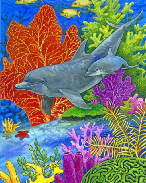 dolphins in coral reef paint by number