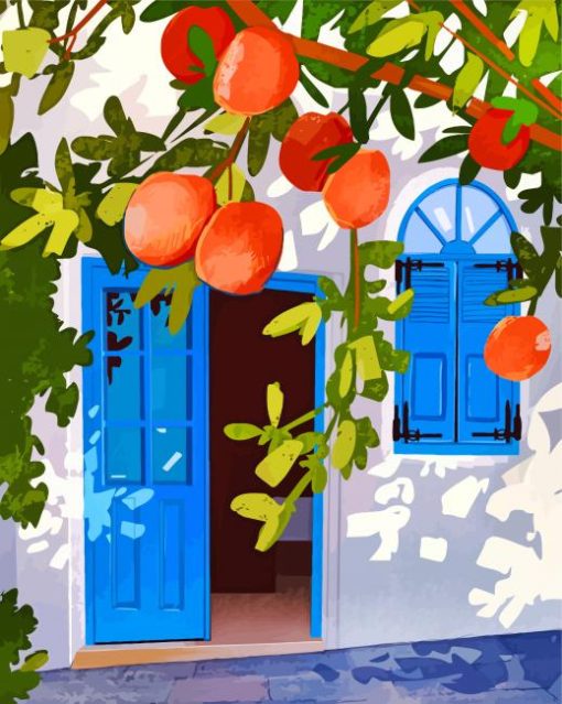 Aesthetic Orange Tree Blue Door paint by numbers