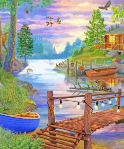 Rustic Forest Footbridge By Lake paint by numbers