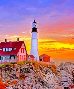 Sunset View In Portland Lighthouse paint by numbers