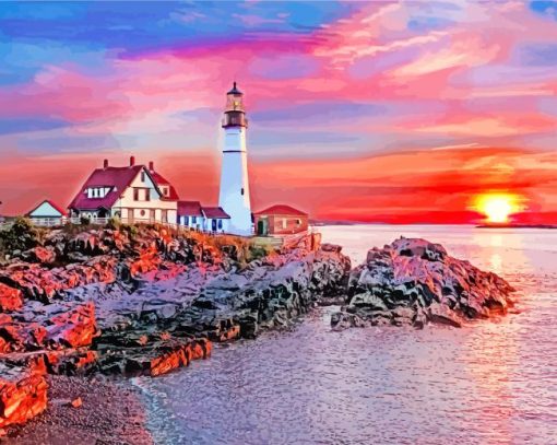 Portland Lighthouse Sunset Lover paint by numbers