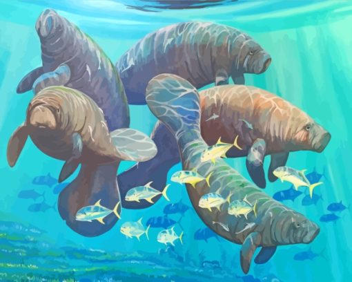 Manatee And Fish In The Sea paint by numbers